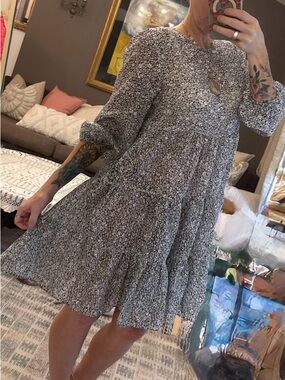 Maje Black and White Floral Long Sleeve Tiered Dress